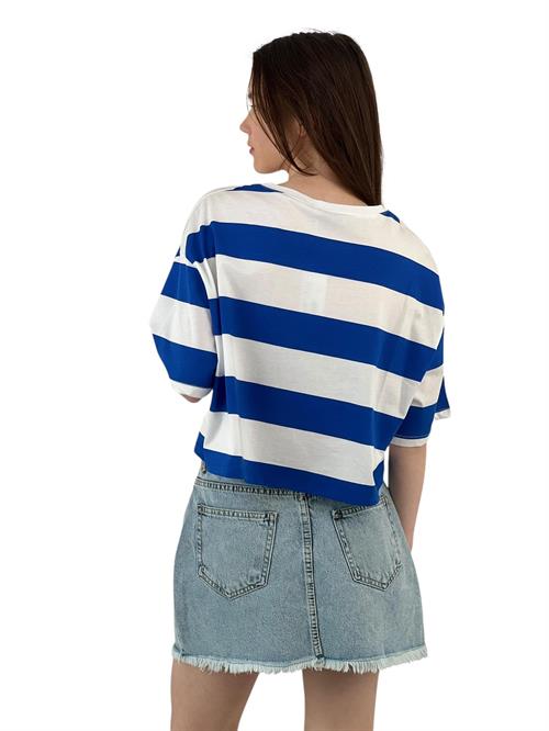 Blue and White Striped Oversize T-Shirt - Print Detailed