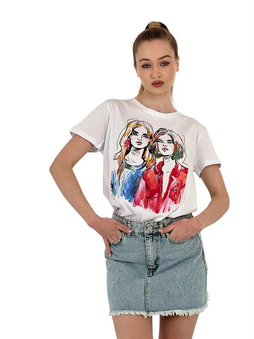 Colorful Illustration Printed T-Shirt – Black &Amp; White