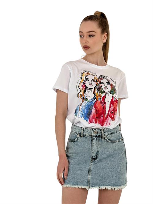 Colorful Illustration Printed T-Shirt – Black &Amp; White