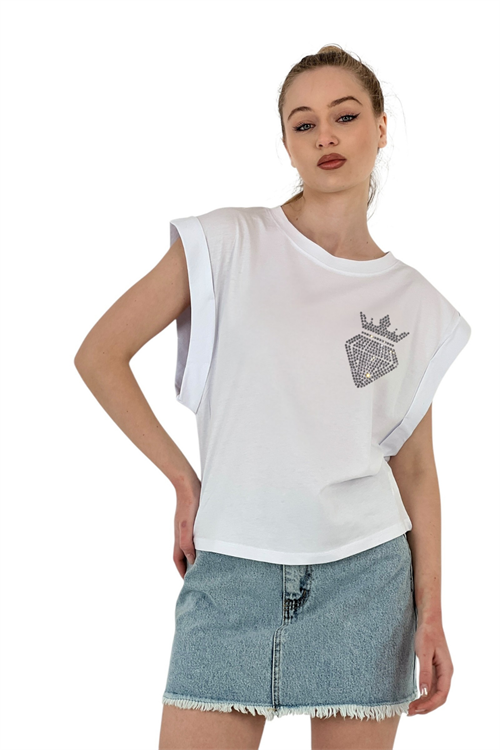 Stone Embroidered Crown &Amp; Diamond Printed T-Shirt