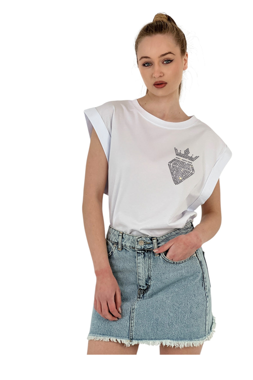 Stone Embroidered Crown &Amp; Diamond Printed T-Shirt