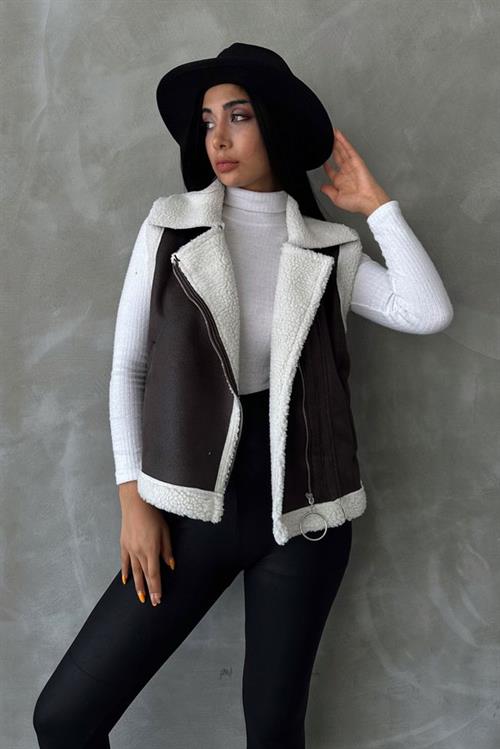 Wholesale Vest with Suede Collar Fur - Anthracite Cream