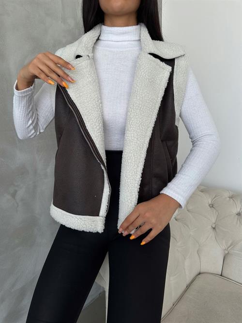 Wholesale Vest with Suede Collar Fur - Anthracite Cream