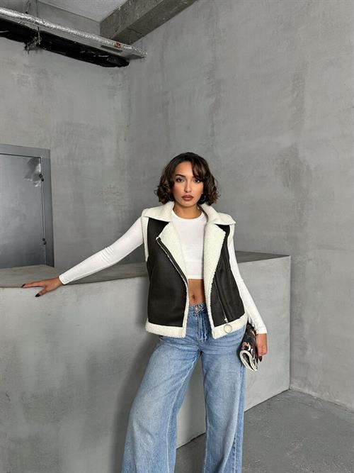 Wholesale Vest with Suede Collar Fur - Dark Khaki