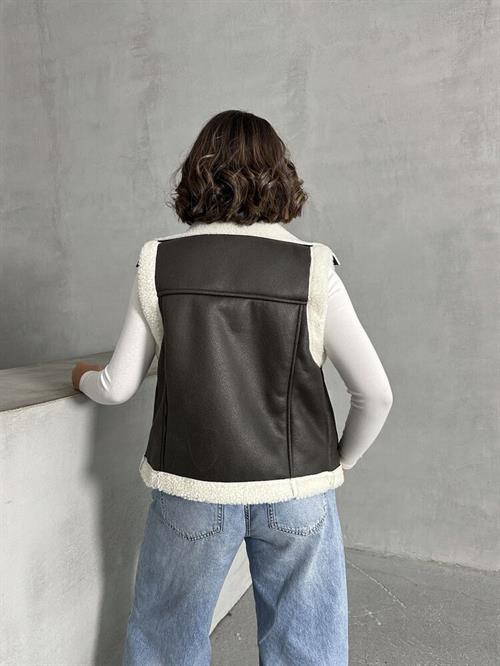 Wholesale Vest with Suede Collar Fur - Dark Khaki