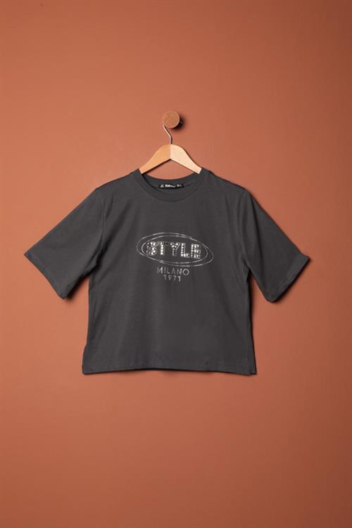 Süprem Kumaş Taş Detaylı Kadın Tişört-Antrasit