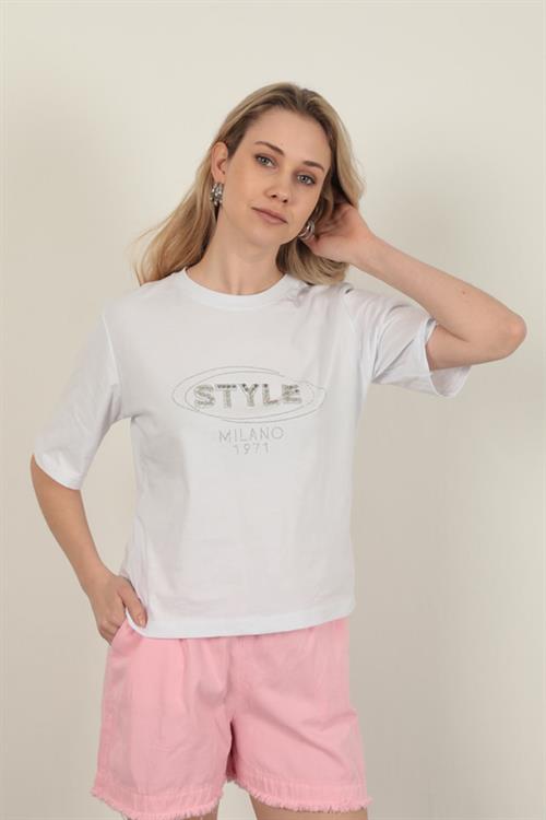 Süprem Kumaş Taş Detaylı Kadın Tişört-Beyaz