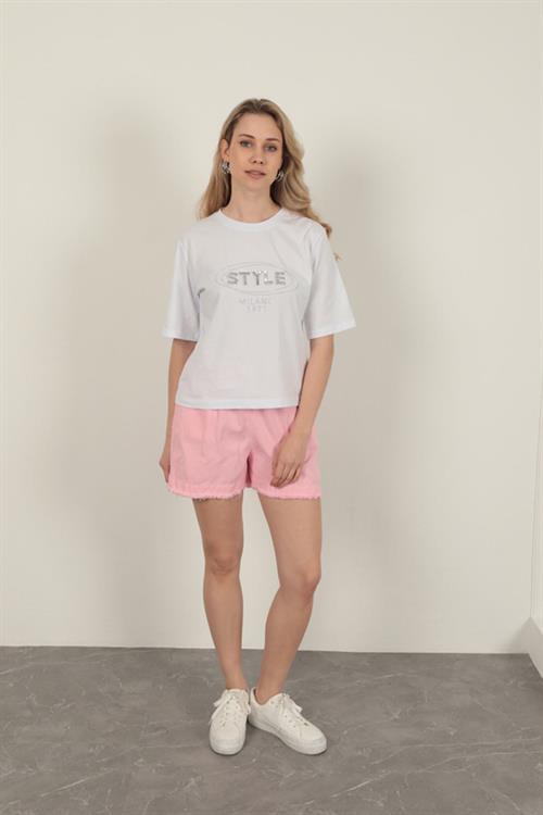 Süprem Kumaş Taş Detaylı Kadın Tişört-Beyaz