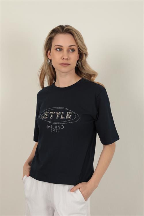 Süprem Kumaş Taş Detaylı Kadın Tişört-Lacivert