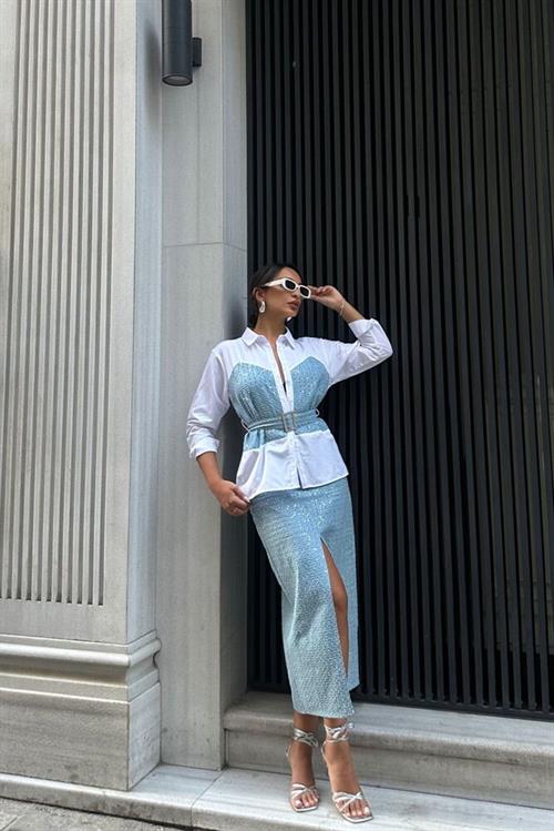 TOPSHOW Pattern 1 Blue Sequin Denim Wholesale Skirt