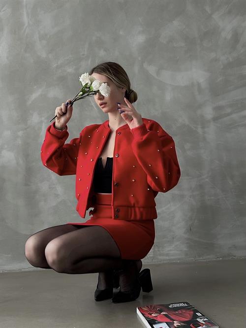 College Wholesale Jacket with Stone Detail - Red