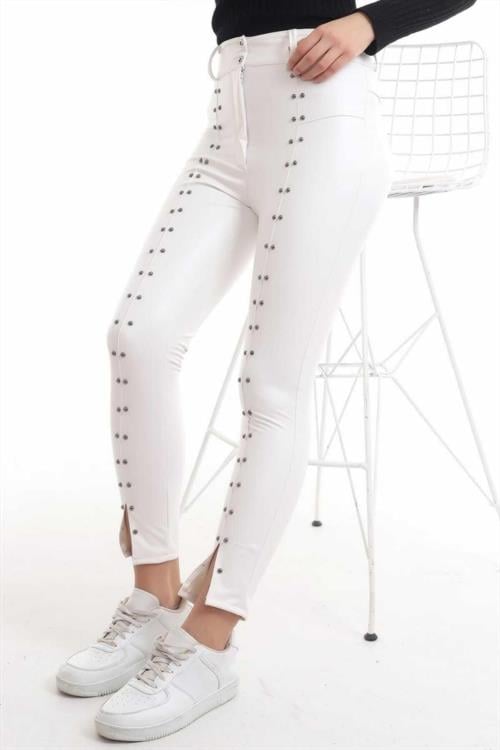 Wholesale Stone Embroidered Leather Leggings - White