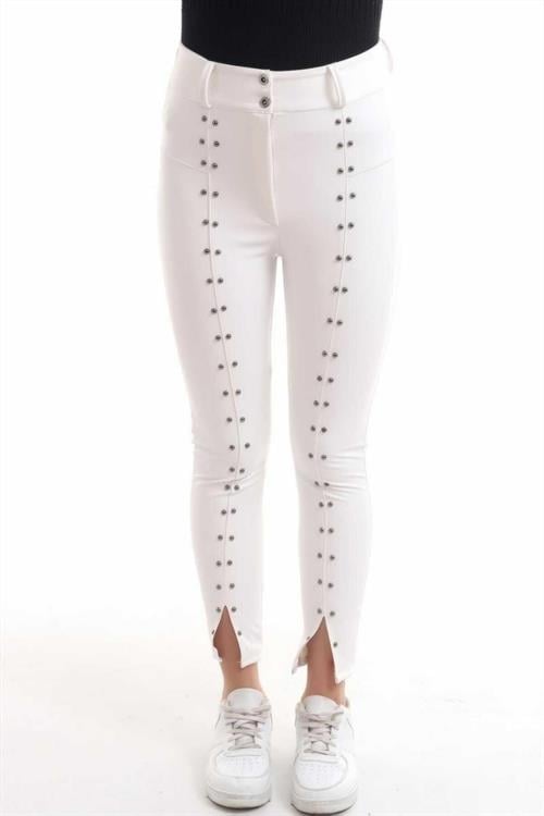 Wholesale Stone Embroidered Leather Leggings - White