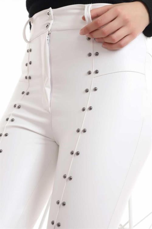Wholesale Stone Embroidered Leather Leggings - White