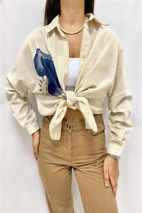 Wholesale Beige Linen Shirt with Rhinestone Embellishment
