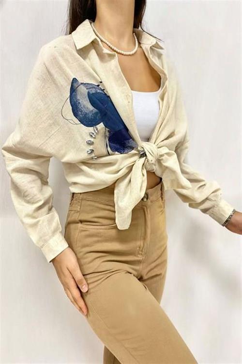 Wholesale Beige Linen Shirt with Rhinestone Embellishment