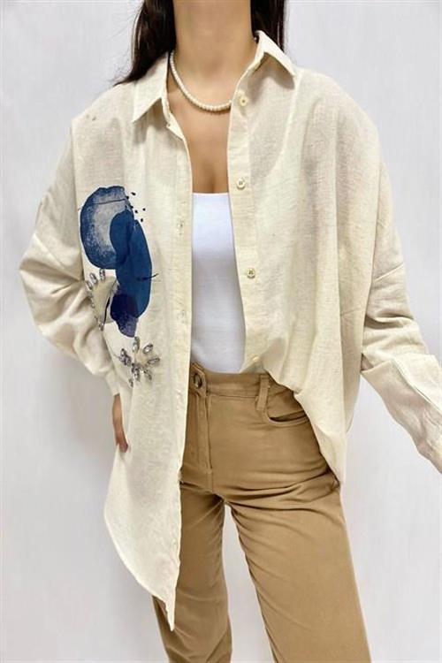 Wholesale Beige Linen Shirt with Rhinestone Embellishment