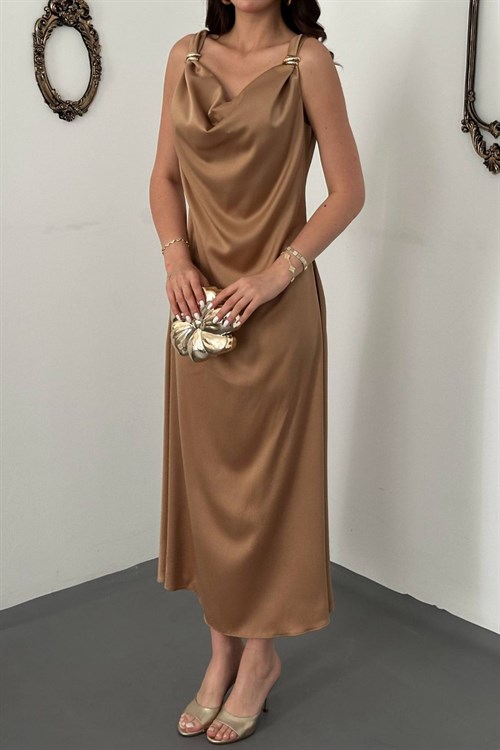Wholesale Stone Satin Cowl-Neck Dress with Buckled Shoulders