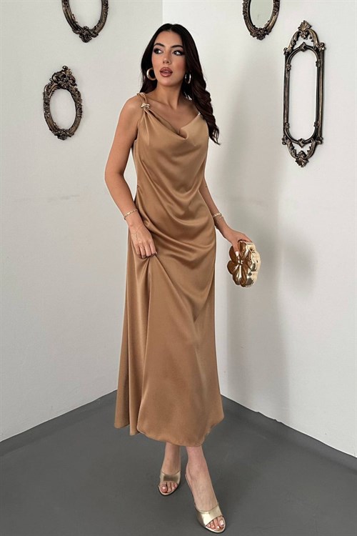 Wholesale Stone Satin Cowl-Neck Dress with Buckled Shoulders