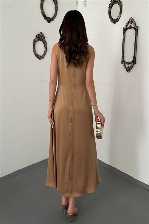Wholesale Stone Satin Cowl-Neck Dress with Buckled Shoulders