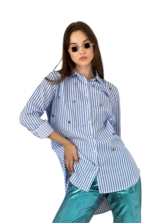 Stone Embellished Blue-White Striped Shirt