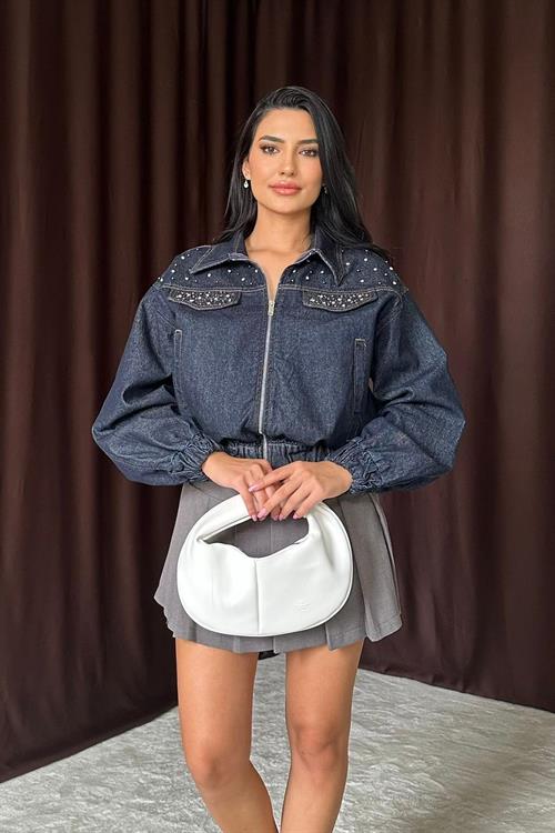 Wholesale Stoned Short Denim Jacket - Blue