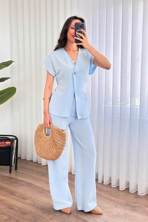 Tek Düğme Beli Bağlamalı Keten Toptan Bebe Mavisi İkili Takım