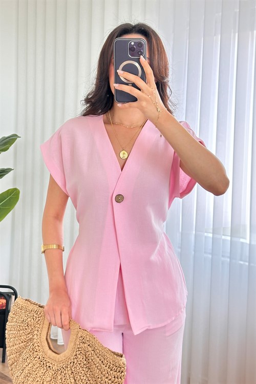 Tek Düğme Beli Bağlamalı Keten Toptan Pembe İkili Takım