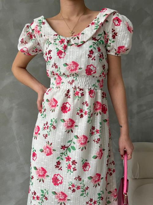 Fuşya Brode Detaylı Desenli Toptan Elbise