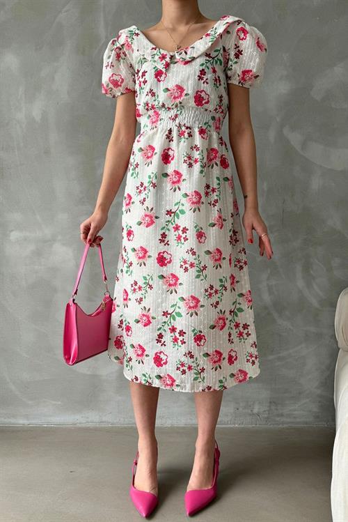 Fuşya Brode Detaylı Desenli Toptan Elbise