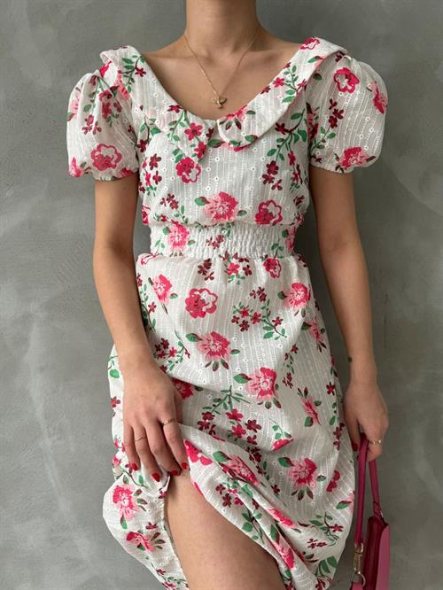 Fuşya Brode Detaylı Desenli Toptan Elbise