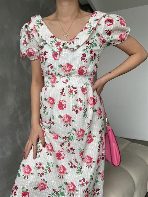 Fuşya Brode Detaylı Desenli Toptan Elbise