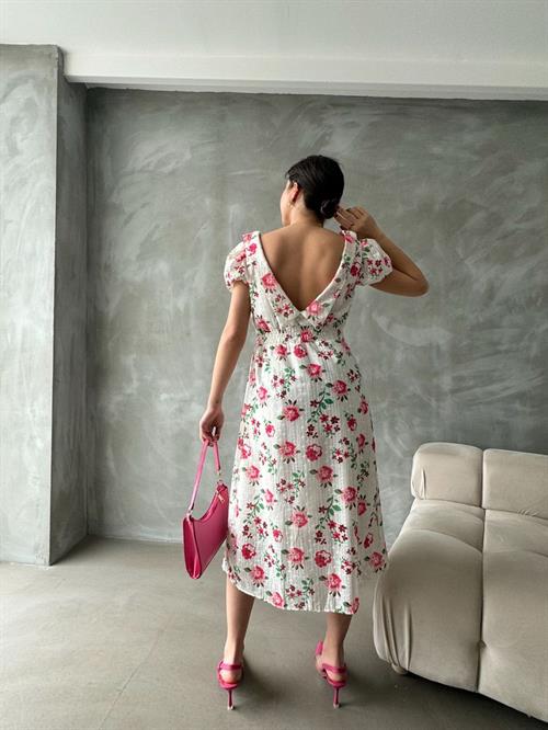 Fuşya Brode Detaylı Desenli Toptan Elbise