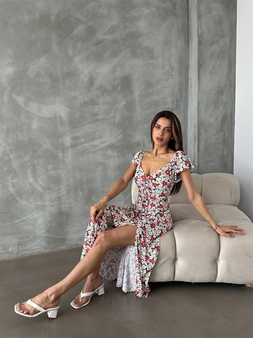 Kırmızı Çiçek Baskılı Toptan Elbise