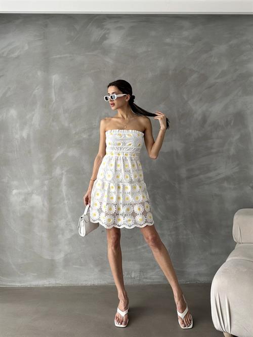 Krem Papatya Papatya Nakışlı Toptan Elbise