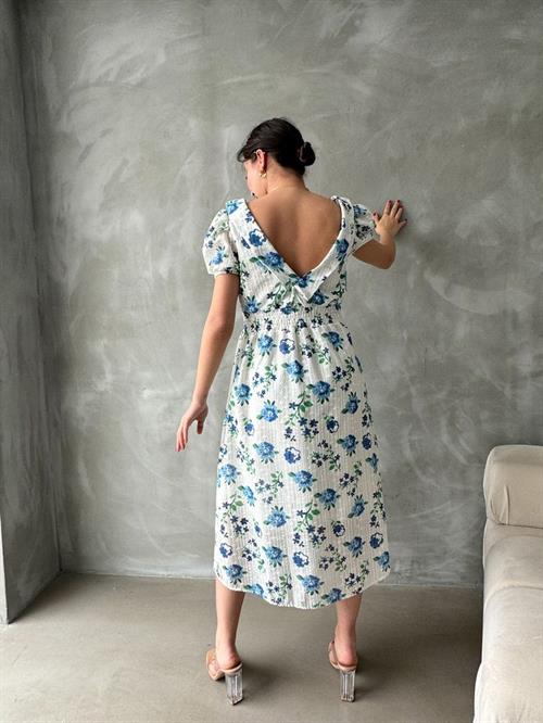 Mavi Brode Detaylı Desenli Toptan Elbise