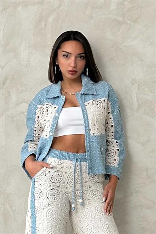 Blue Dsn1 Wholesale Denim Jacket with Lace Detail
