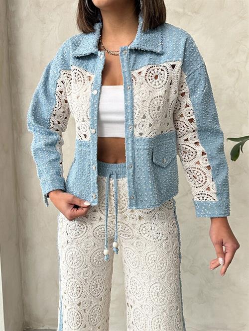 Blue Dsn1 Wholesale Denim Jacket with Lace Detail