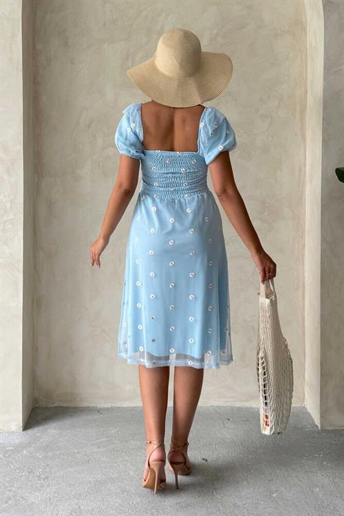  Mavi Kayık Yaka Göğüs Gipeli Toptan Elbise