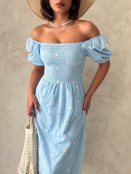  Mavi Kayık Yaka Göğüs Gipeli Toptan Elbise