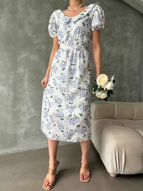 Mor Brode Detaylı Desenli Toptan Elbise