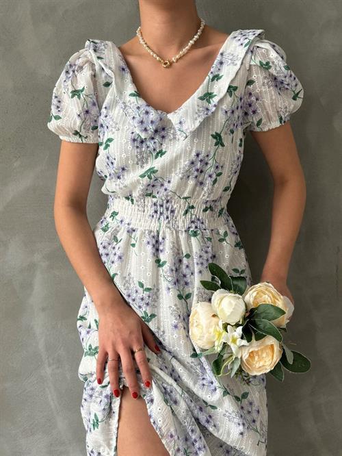 Mor Brode Detaylı Desenli Toptan Elbise