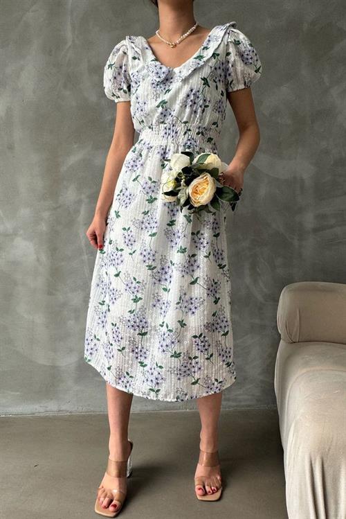 Mor Brode Detaylı Desenli Toptan Elbise