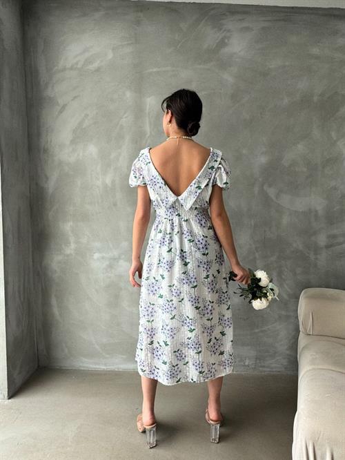 Mor Brode Detaylı Desenli Toptan Elbise