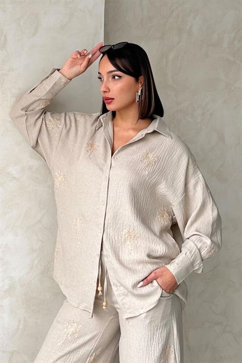 Topshow Embroidery Detailed Wholesale Linen Shirt - Stone
