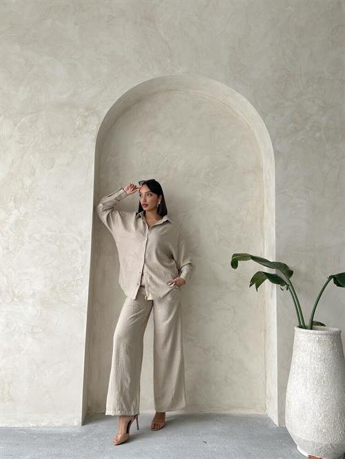 Topshow Embroidery Detailed Wholesale Linen Shirt - Stone