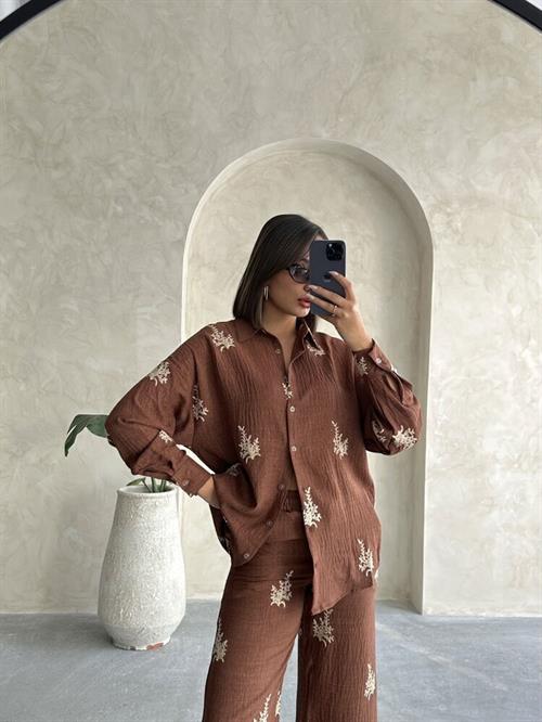 Topshow Embroidery Detailed Wholesale Linen Shirt - Coffee