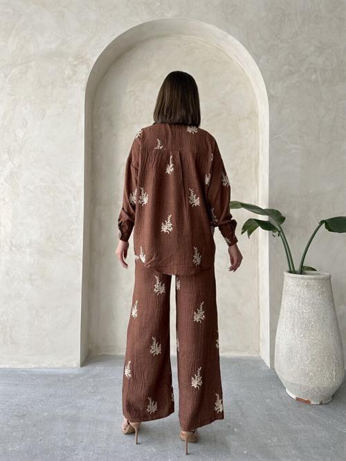 Topshow Embroidery Detailed Wholesale Linen Shirt - Coffee