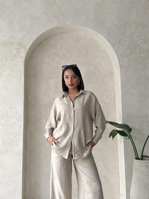 Topshow Embroidery Detailed Wholesale Linen Shirt - Stone