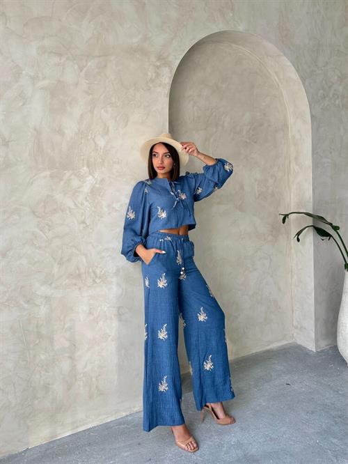  Nakış Detaylı Toptan Keten Pantolon - Mavi